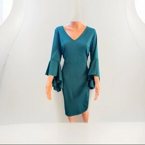 Iyasen Emerald Green Cocktail/Party Dress W/Statement Ruffled Bell Sleeves L